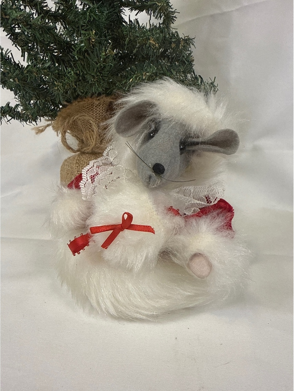 Vintage Holiday Mouse Figurine in Red Velvet and Lace Outfit